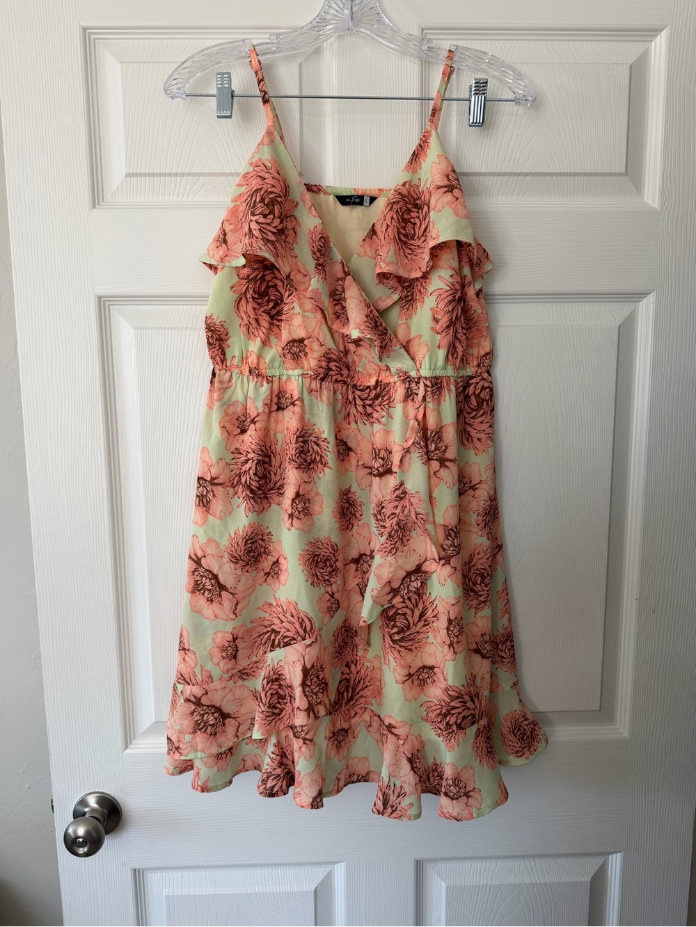 In.Fuse Floral Ruffle Mini Dress – Mint Green & Coral – Size L